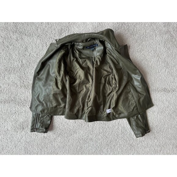 French Connection Womens Olive Green Faux Leather Moto Biker Jacket Size S - Picture 14 of 16